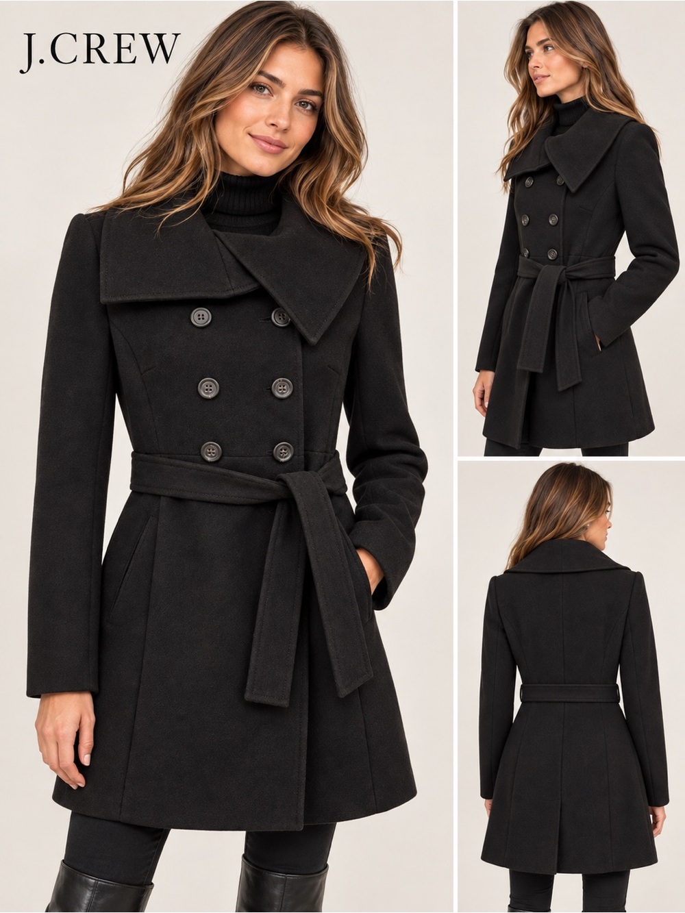 J.Crew Double Cloth Italian Wool Black Belted Peacoat Quiet Luxury Size 8